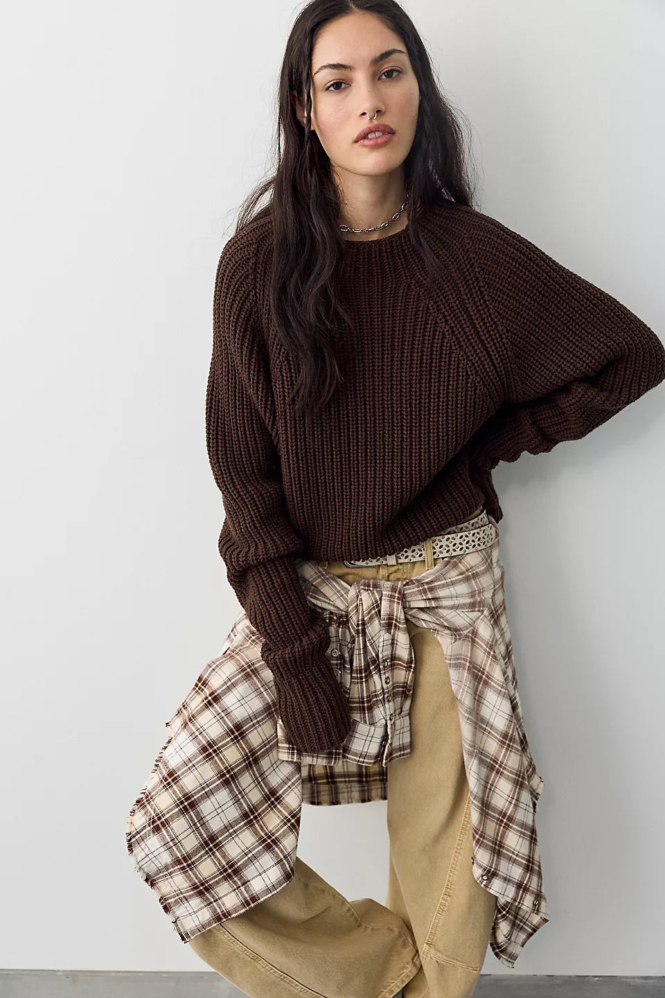 FREE PEOPLE LOW TIDE KNIT PULLOVER - CHOCOLATE