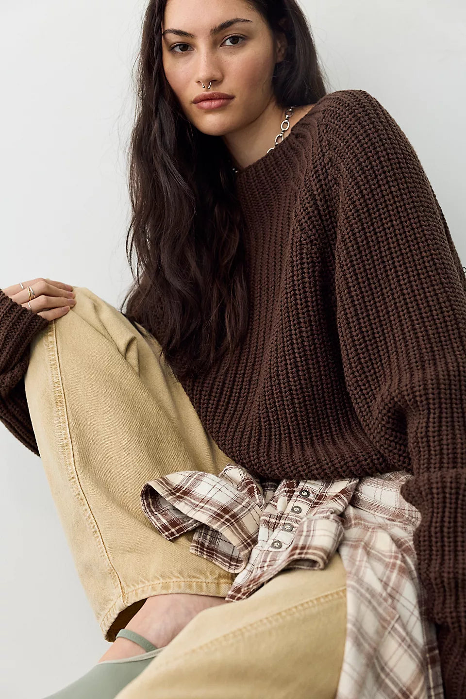 FREE PEOPLE LOW TIDE KNIT PULLOVER - CHOCOLATE