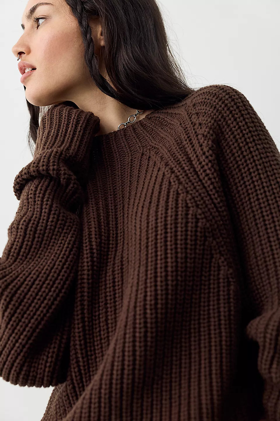 FREE PEOPLE LOW TIDE KNIT PULLOVER - CHOCOLATE