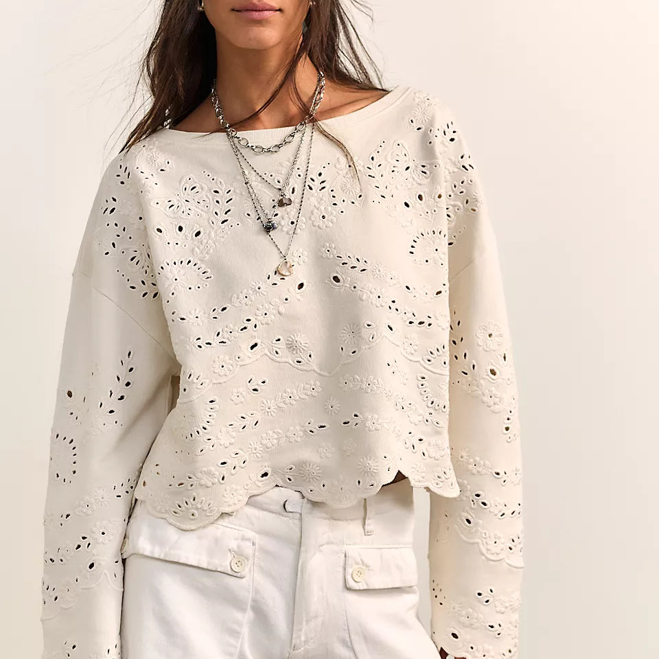 FREE PEOPLE IRIS EMBROIDERED SWEATSHIRT - SUGAR SWIZZLE