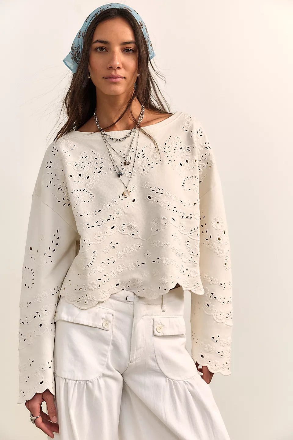 FREE PEOPLE IRIS EMBROIDERED SWEATSHIRT - SUGAR SWIZZLE