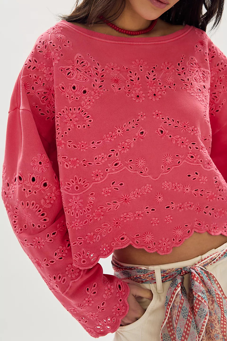 FREE PEOPLE IRIS EMBROIDERED SWEATSHIRT - MELON POP