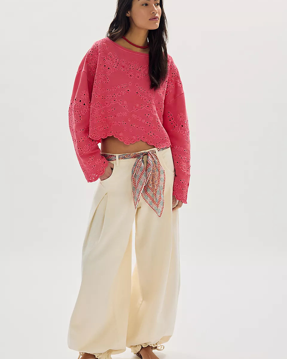 FREE PEOPLE IRIS EMBROIDERED SWEATSHIRT - MELON POP
