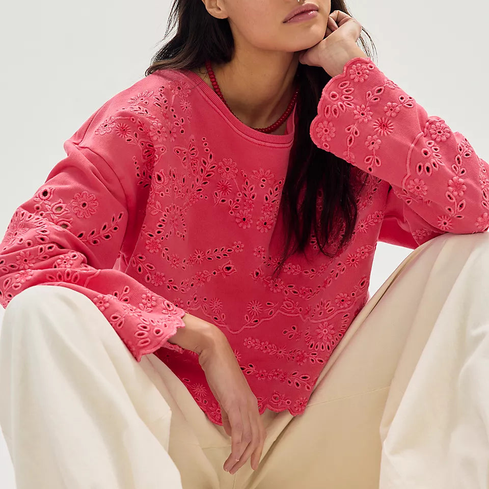 FREE PEOPLE IRIS EMBROIDERED SWEATSHIRT - MELON POP