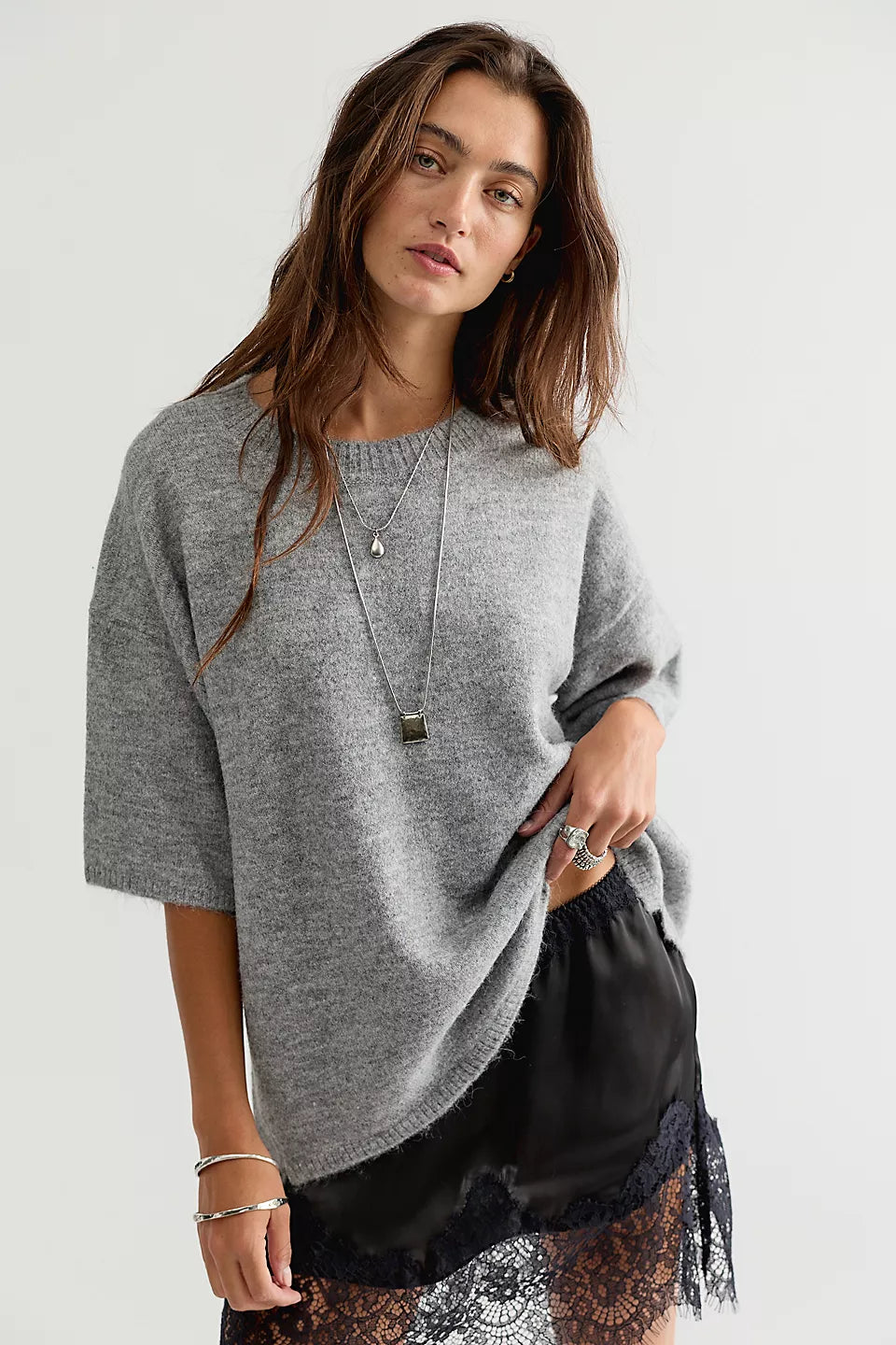 FREE PEOPLE MARGOT SWEATER TEE - HEATHER GREY
