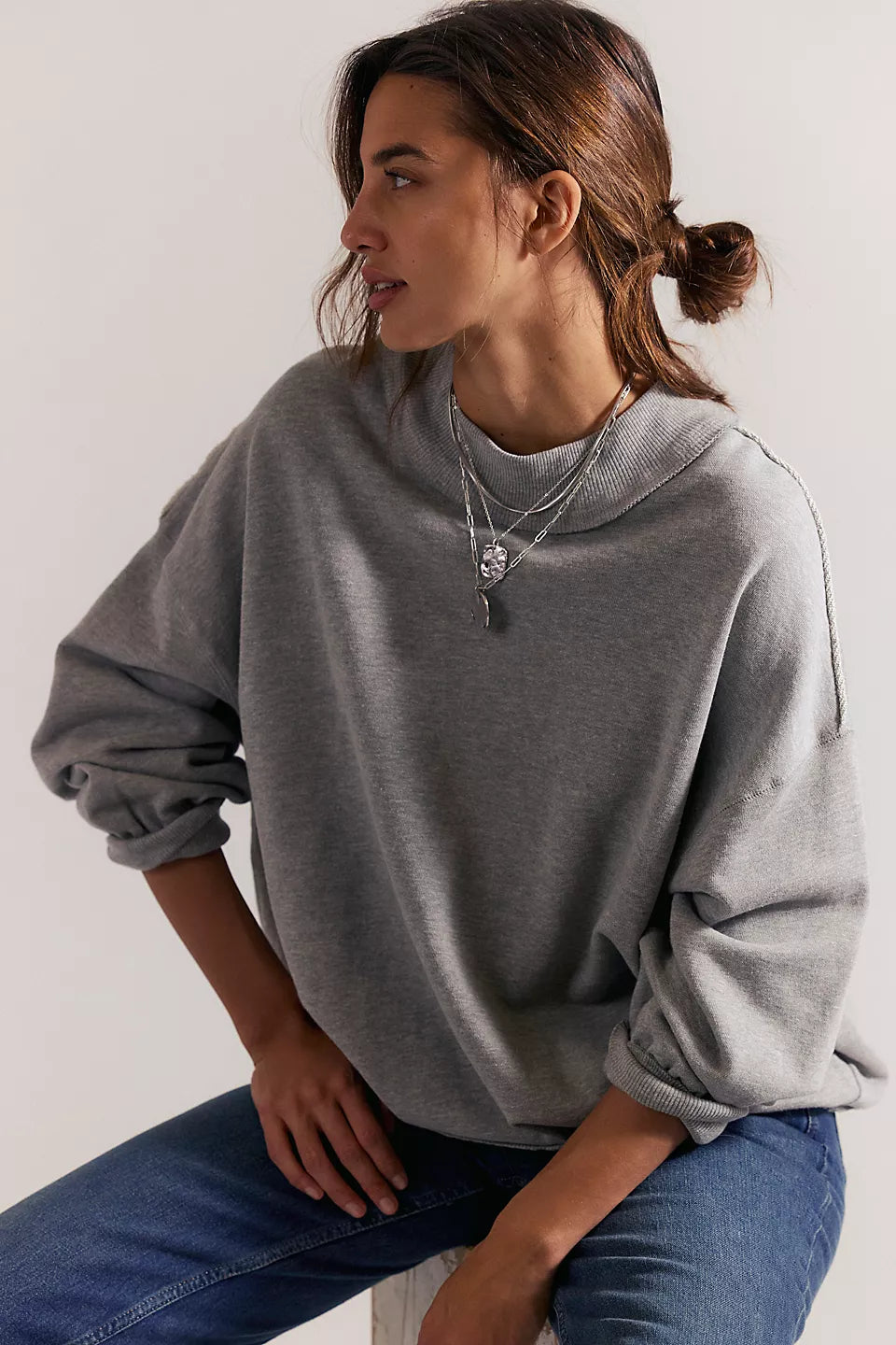 FREE PEOPLE PALM SPRING TURTLE PULLOVER - HEATHER GREY