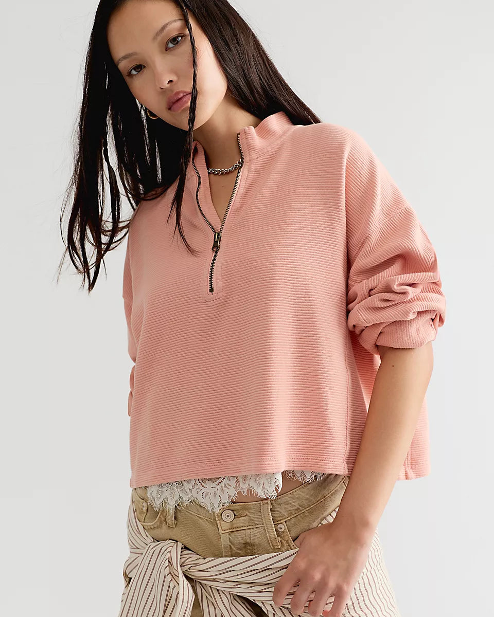 FREE PEOPLE CELESTE QUARTERZIP PULLOVER - CORAL PINK