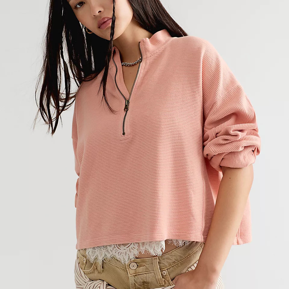 FREE PEOPLE CELESTE QUARTERZIP PULLOVER - CORAL PINK