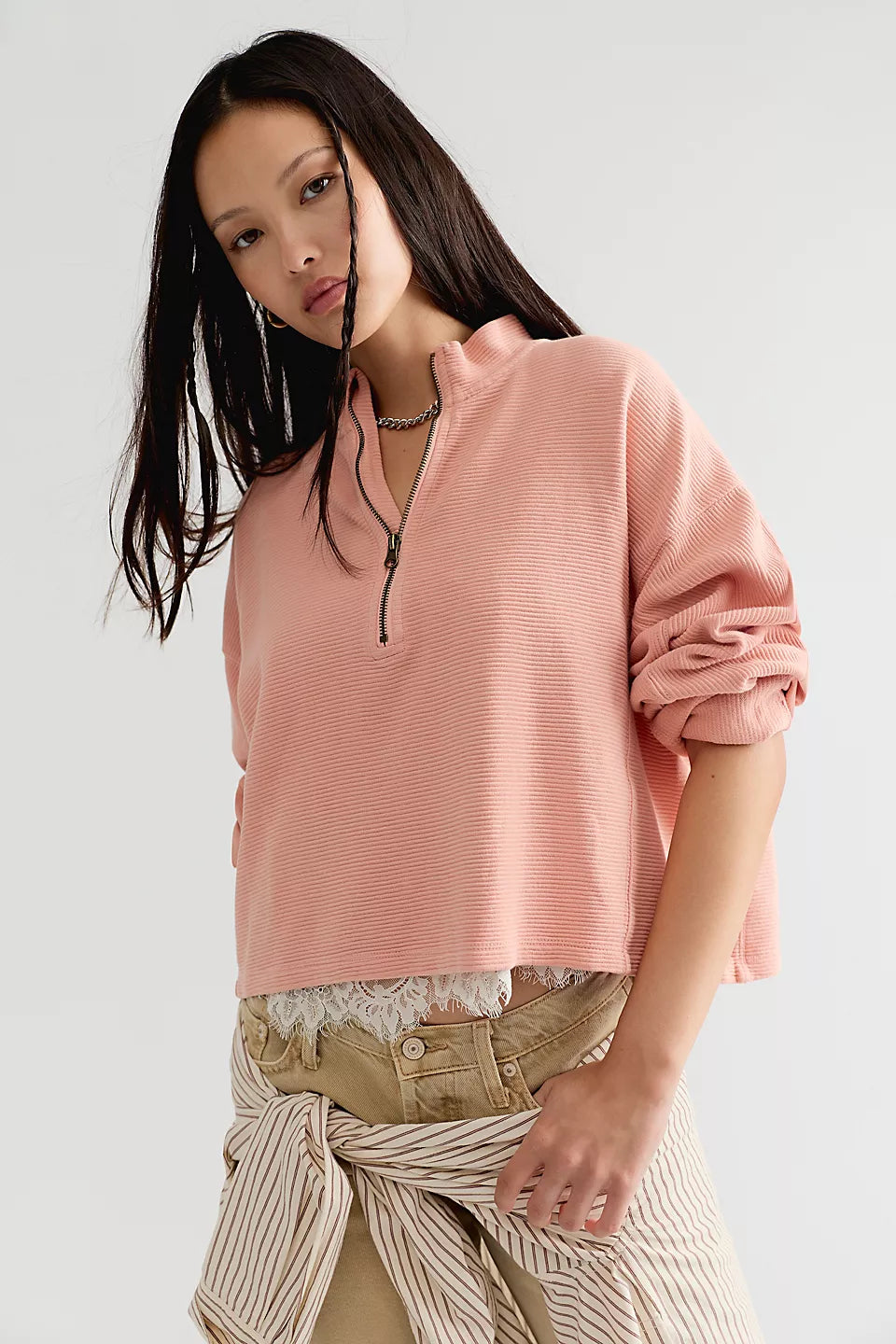 FREE PEOPLE CELESTE QUARTERZIP PULLOVER - CORAL PINK