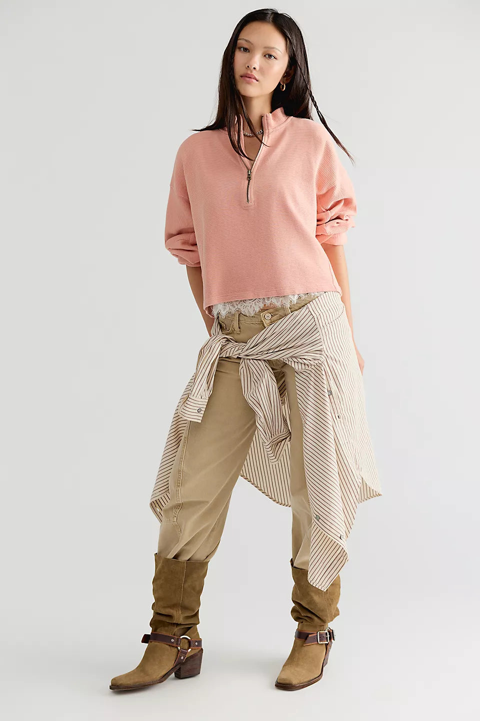 FREE PEOPLE CELESTE QUARTERZIP PULLOVER - CORAL PINK