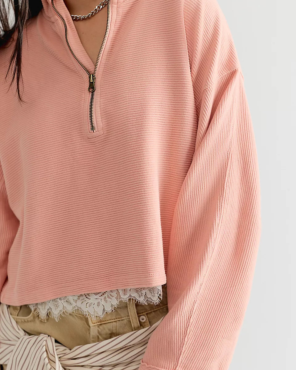 FREE PEOPLE CELESTE QUARTERZIP PULLOVER - CORAL PINK