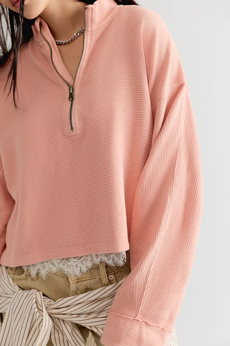 FREE PEOPLE CELESTE QUARTERZIP PULLOVER - CORAL PINK
