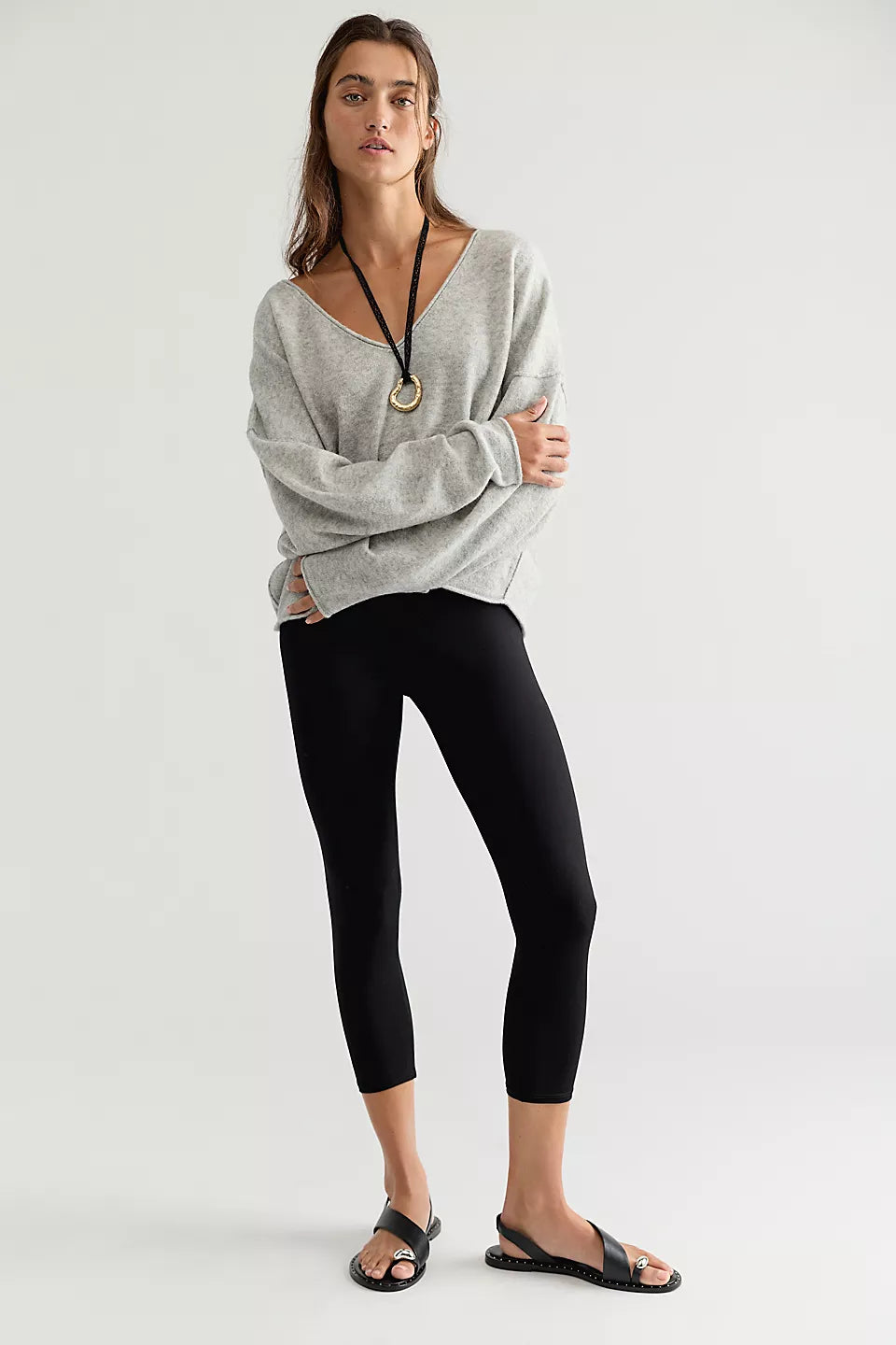 FREE PEOPLE SEE ME V NECK PULLOVER - HEATHER GREY
