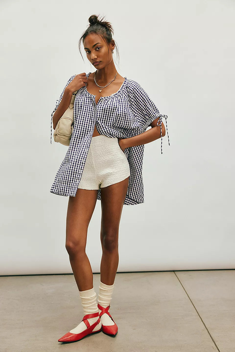 FREE PEOPLE FARLEY GINGHAM TUNIC - NAVY COMBO