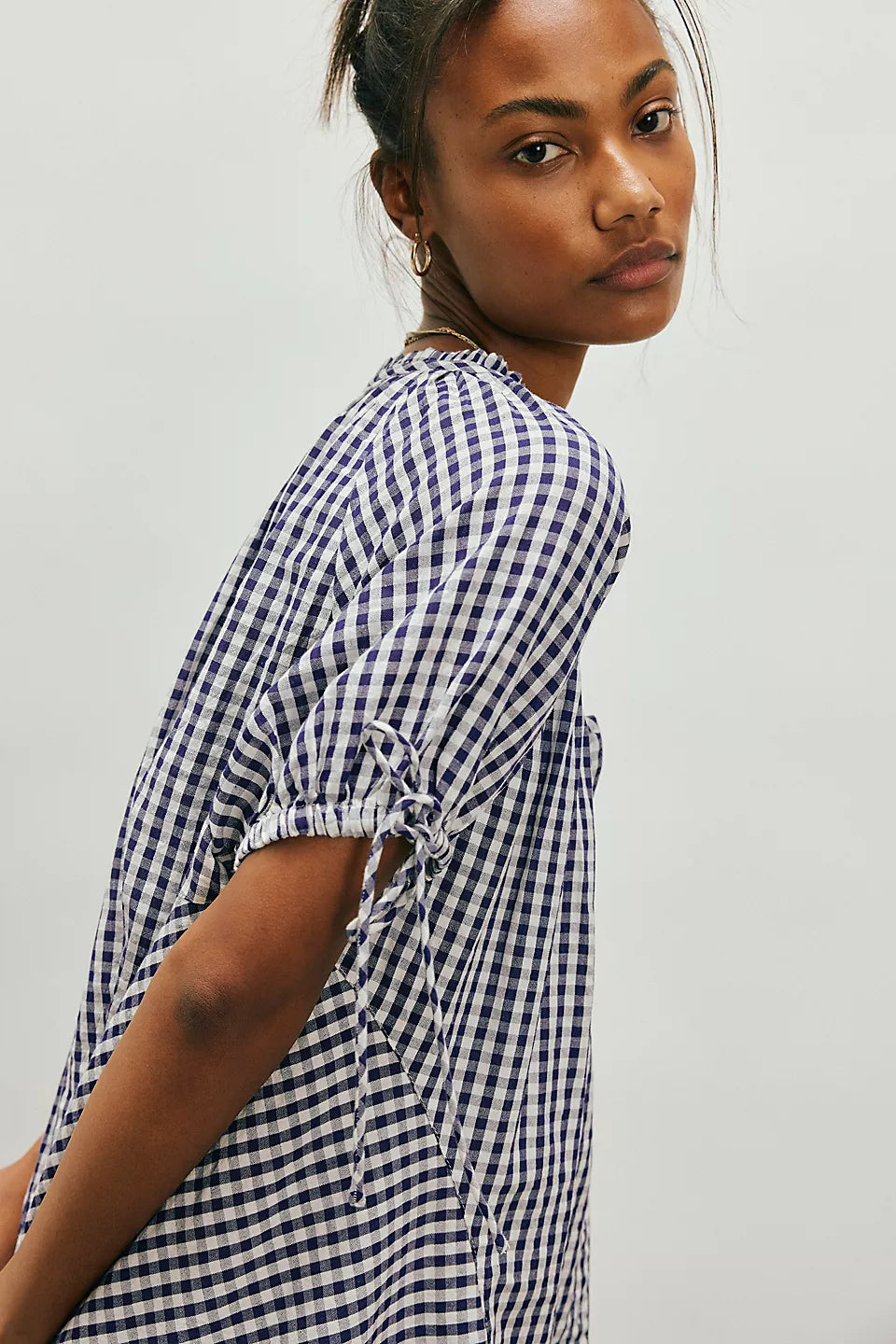 FREE PEOPLE FARLEY GINGHAM TUNIC - NAVY COMBO
