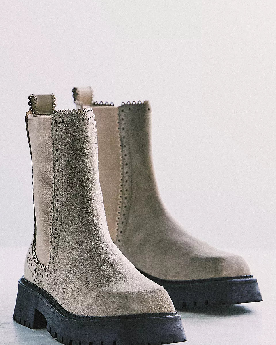 FREE PEOPLE TRIED AND TRUE BROGUE BOOT - STONE LEATHER SUEDE