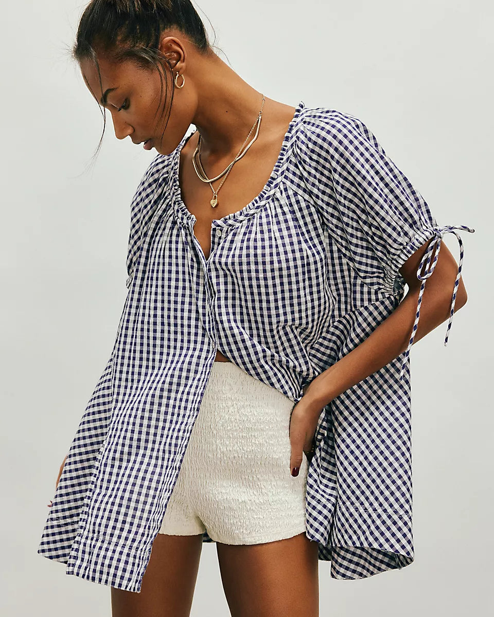 FREE PEOPLE FARLEY GINGHAM TUNIC - NAVY COMBO