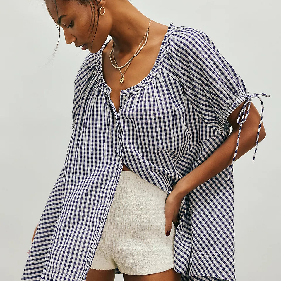 FREE PEOPLE FARLEY GINGHAM TUNIC - NAVY COMBO