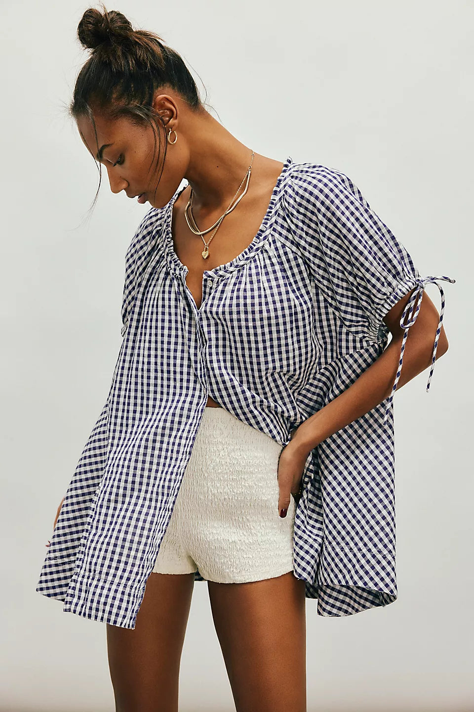 FREE PEOPLE FARLEY GINGHAM TUNIC - NAVY COMBO