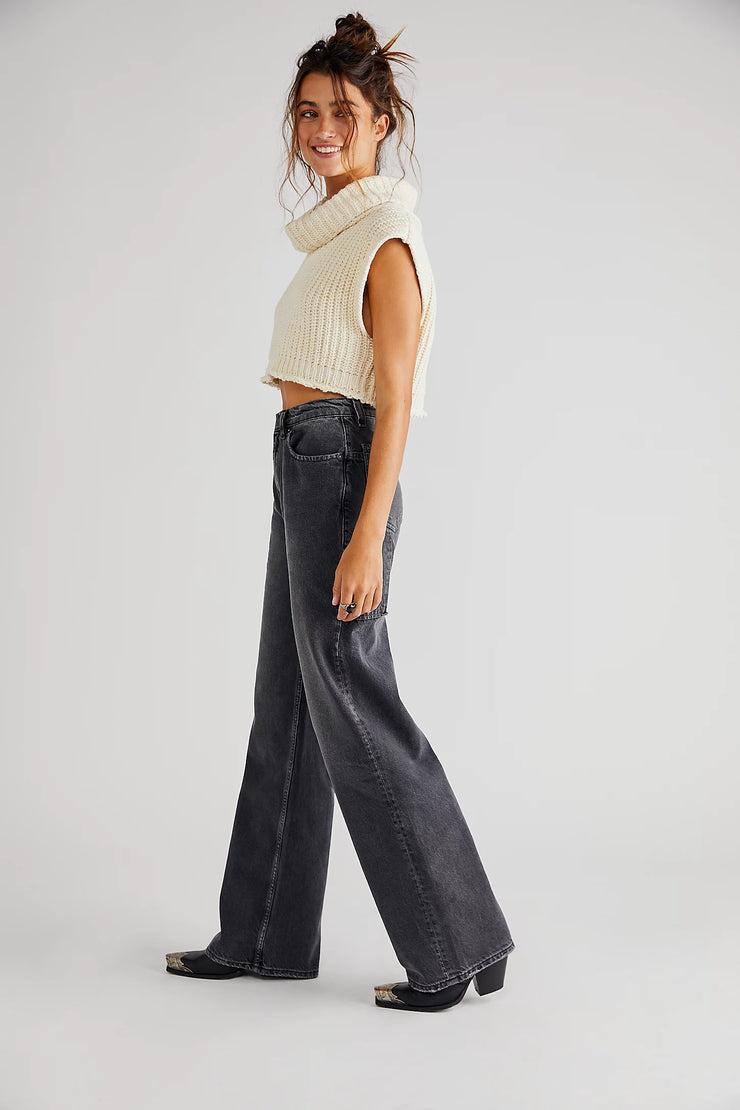 FREE PEOPLE TINSLEY BAGGY HIGH RISE JEANS - BLOW OUT BLACK
