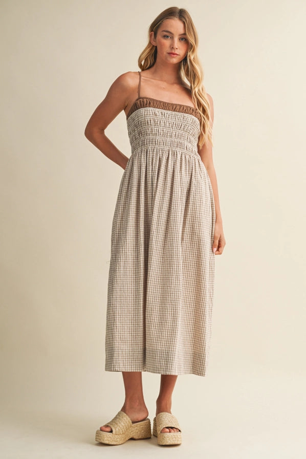 RAVELLO LAYERED LOOK GINGHAM DRESS - COCONUT SHELL