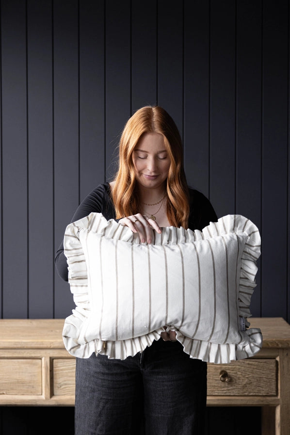 RUFFLE LUMBAR PILLOW WITH INSERT - OLIVE GREEN PIN STRIPES