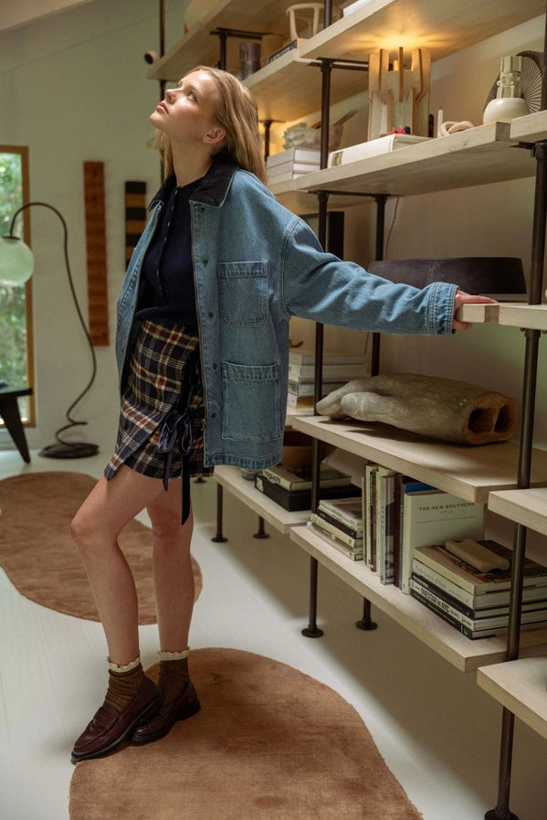 CORDUROY COLLAR DENIM UTILITY JACKET - DARK WASH