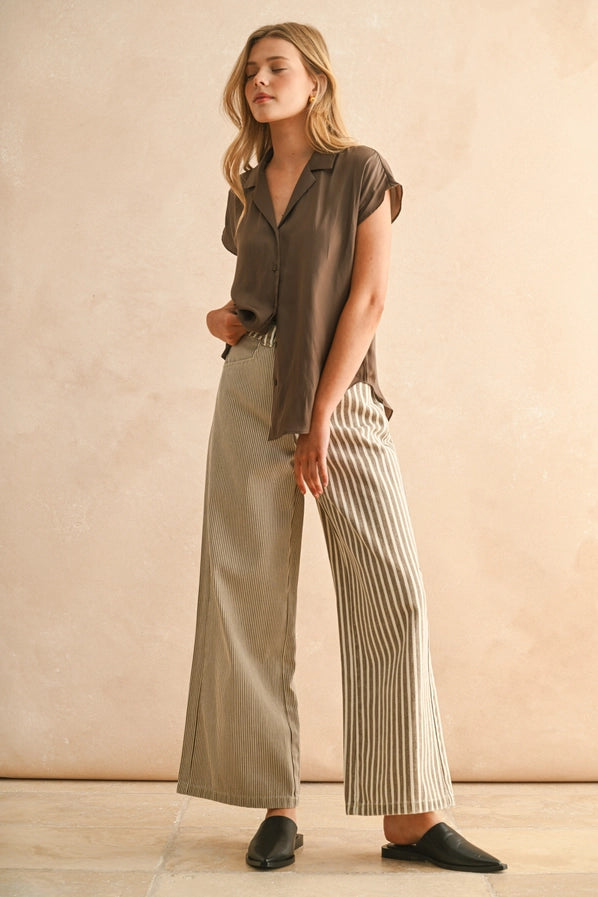 OLIVIA STRIPE FABRIC MIX PANTS - BROWN