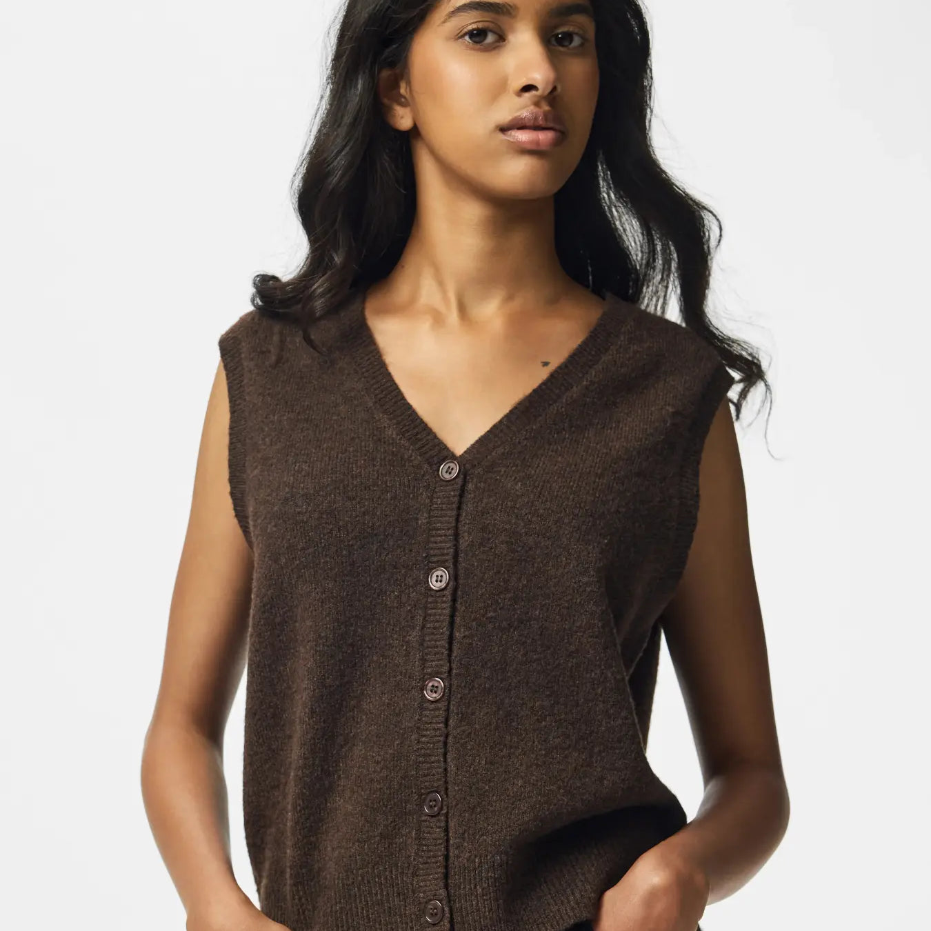 PIECES SALLY V NECK VEST - HOT FUDGE