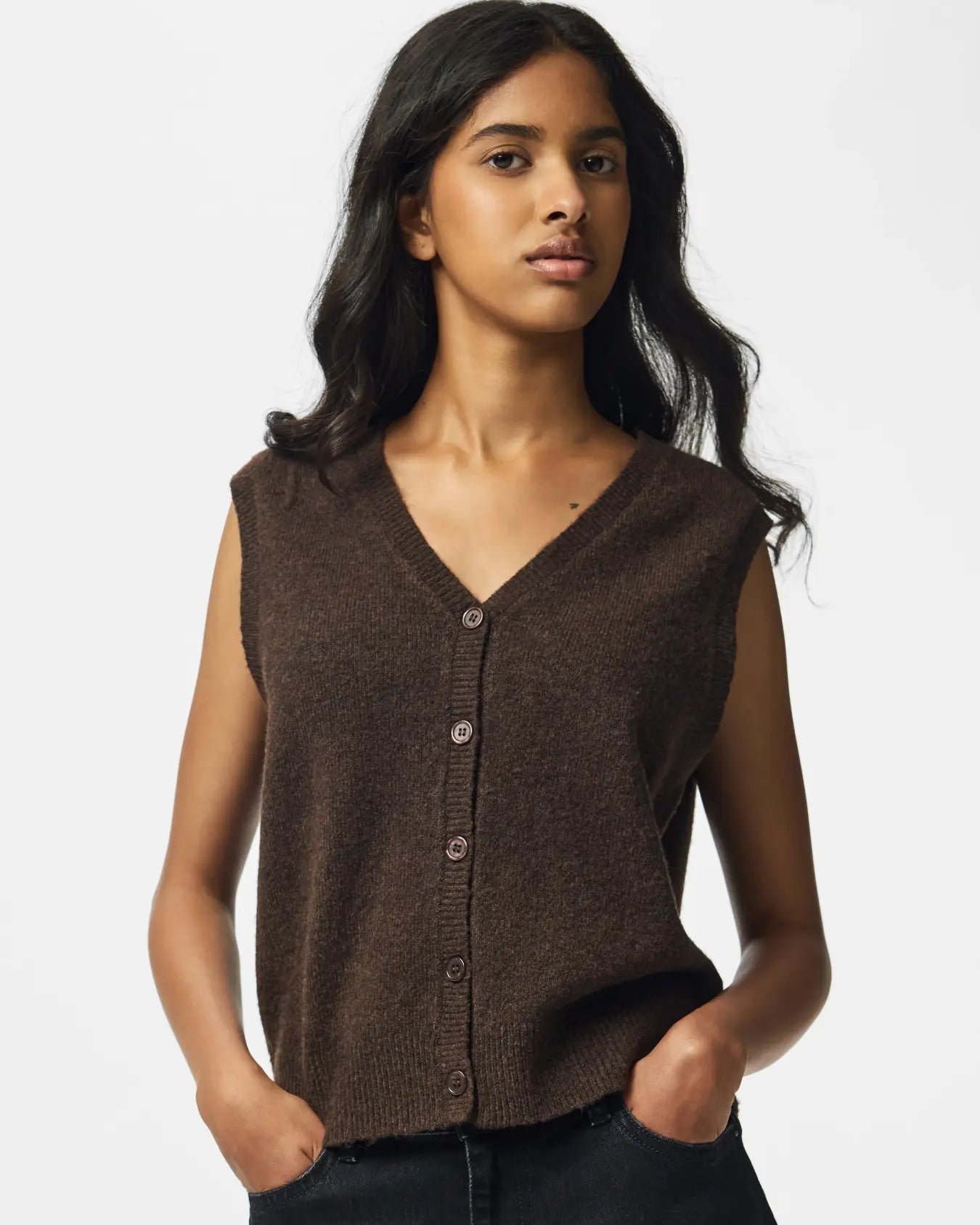 PIECES SALLY V NECK VEST - HOT FUDGE