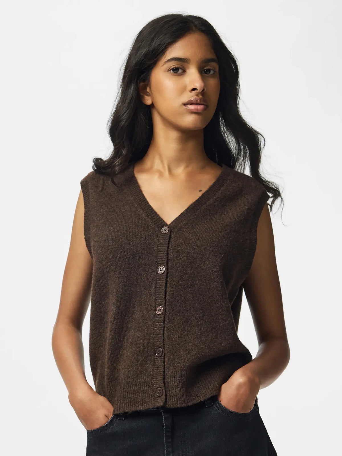 PIECES SALLY V NECK VEST - HOT FUDGE