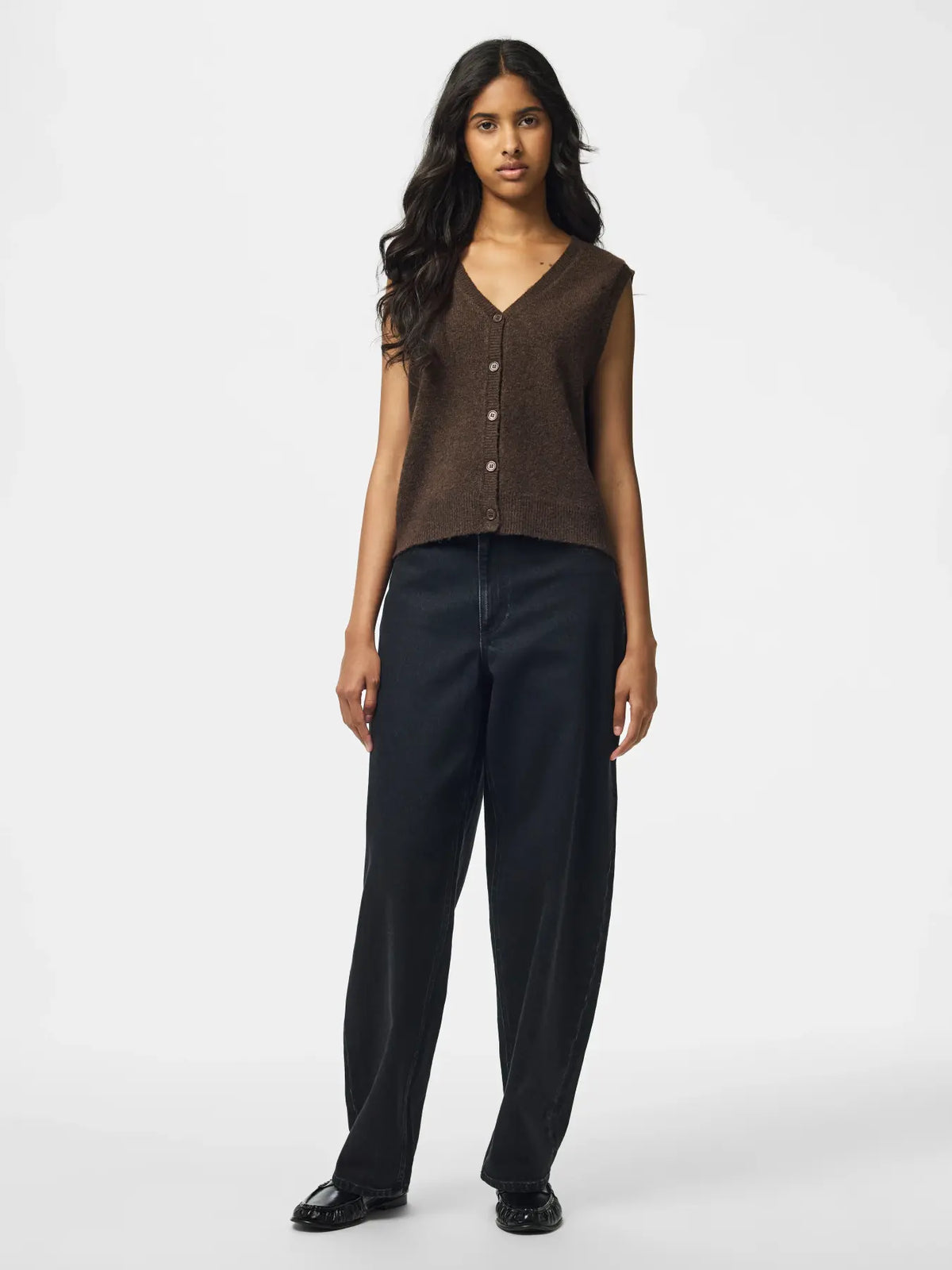 PIECES SALLY V NECK VEST - HOT FUDGE