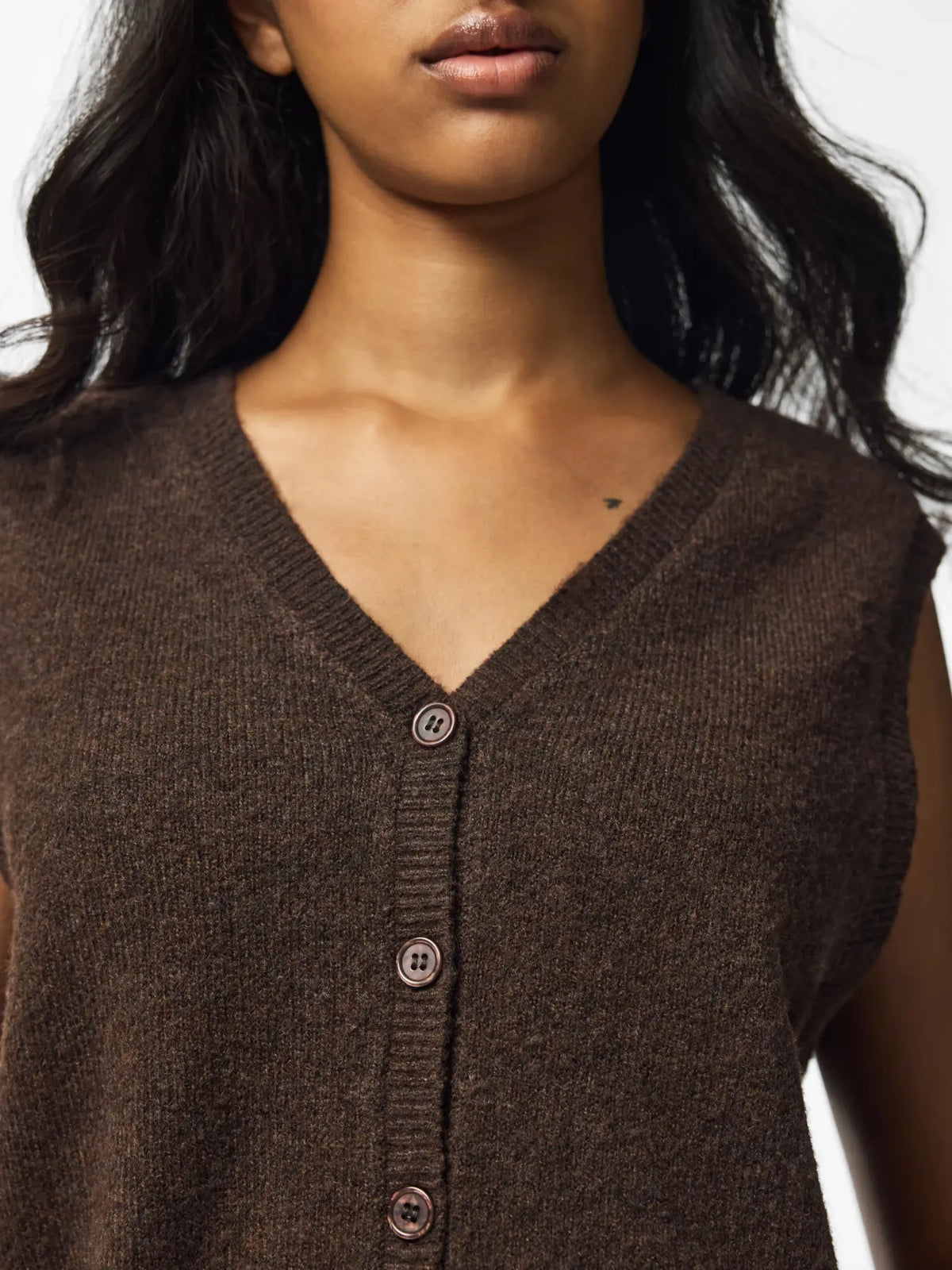 PIECES SALLY V NECK VEST - HOT FUDGE