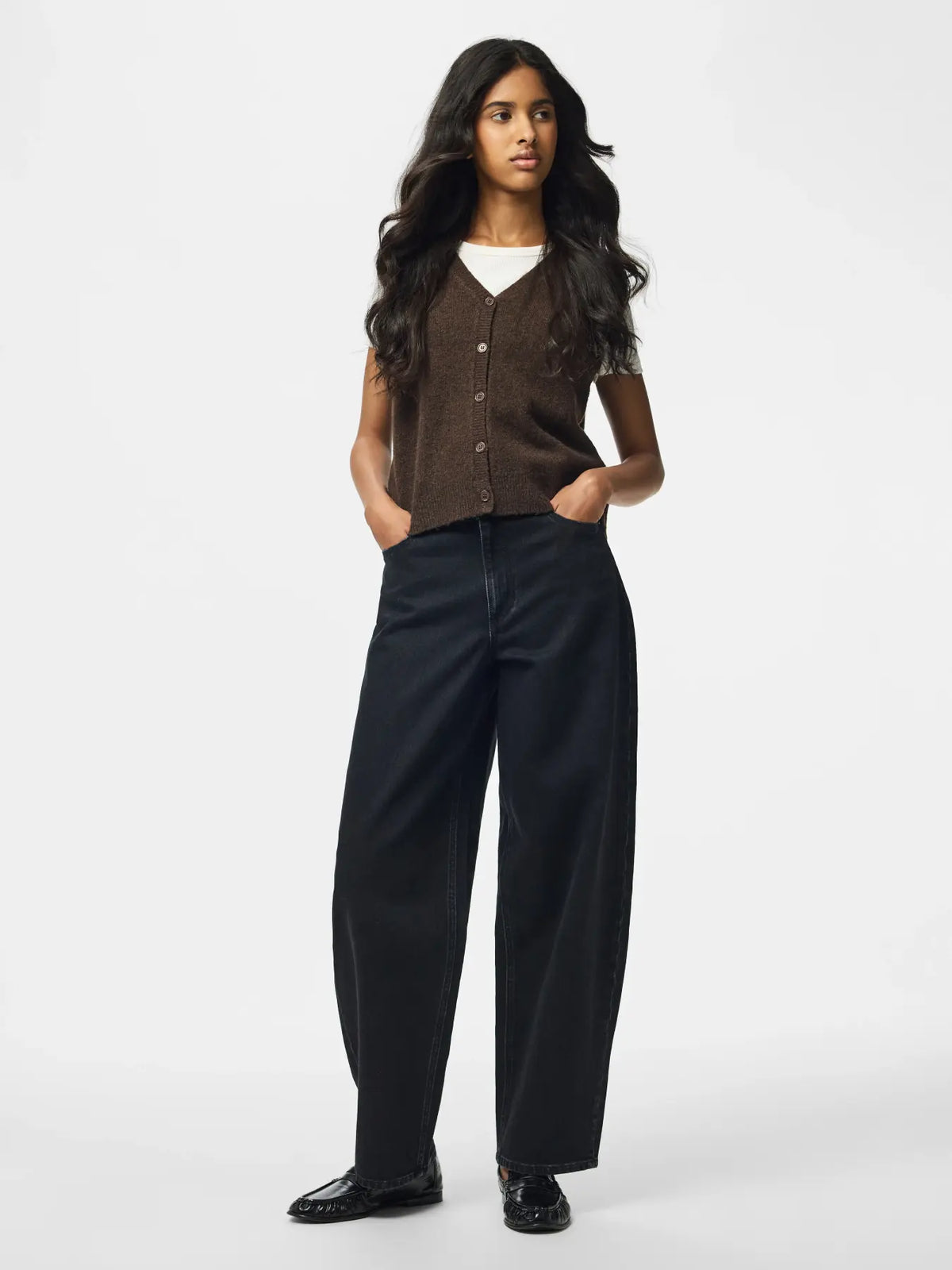 PIECES SALLY V NECK VEST - HOT FUDGE