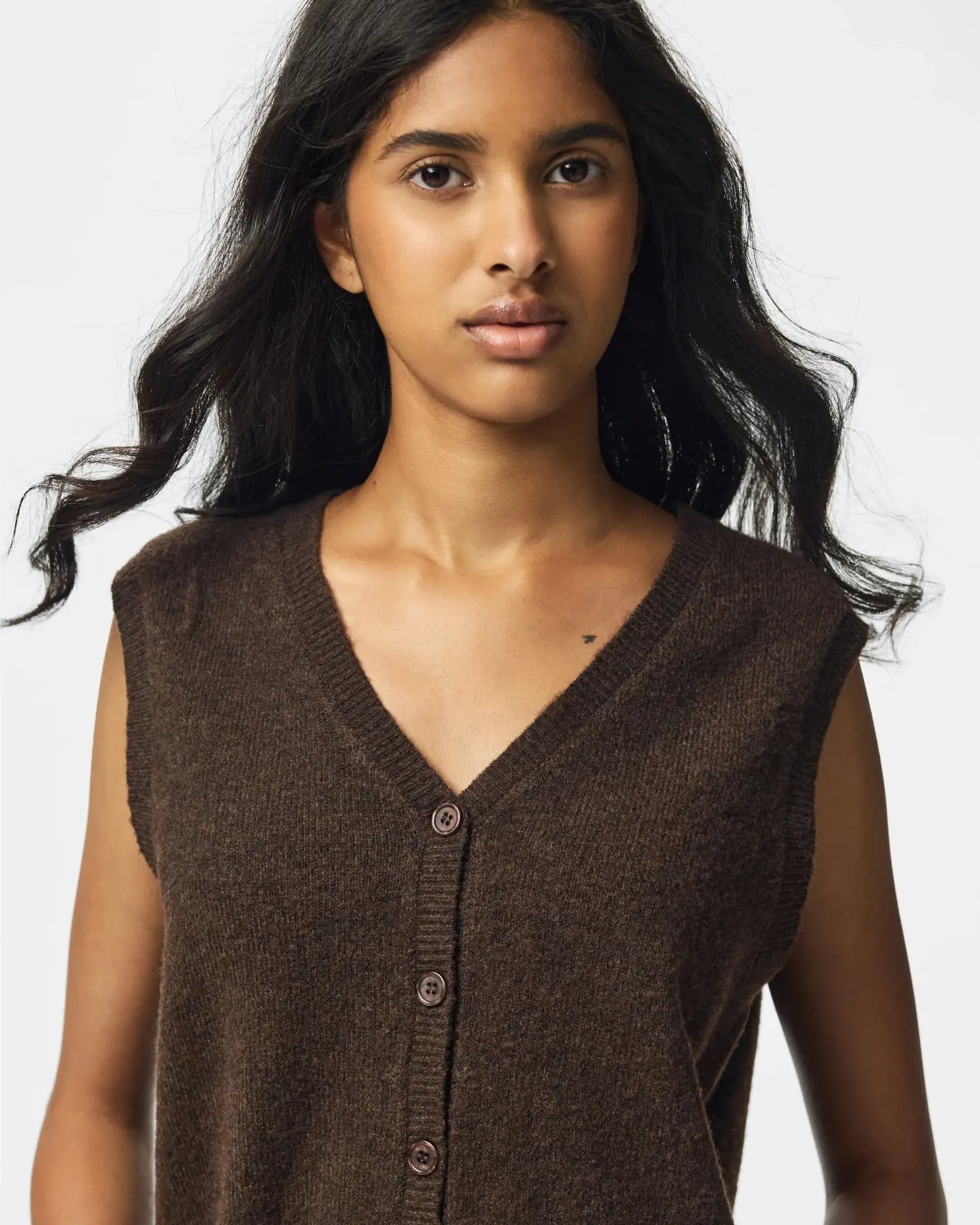 PIECES SALLY V NECK VEST - HOT FUDGE
