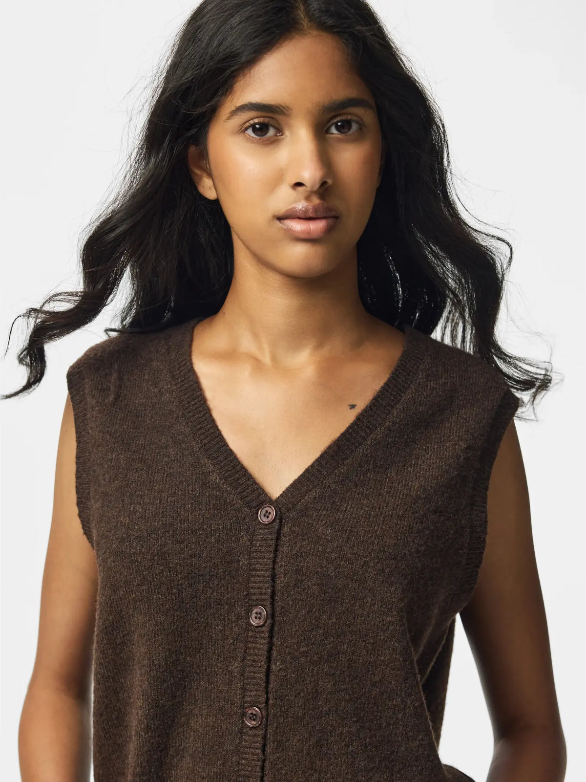PIECES SALLY V NECK VEST - HOT FUDGE