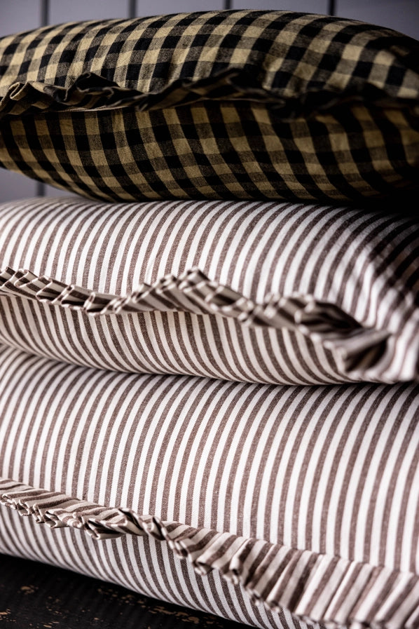 RUFFLE LUMBAR PILLOW WITH INSERT - BROWN WHITE STRIPES