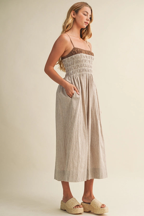 RAVELLO LAYERED LOOK GINGHAM DRESS - COCONUT SHELL