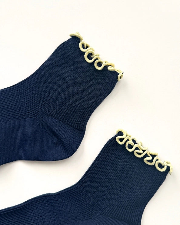LE BON SHOPPE RUFFLED MODAL SOCKS - NAVY BLUE / BUTTER