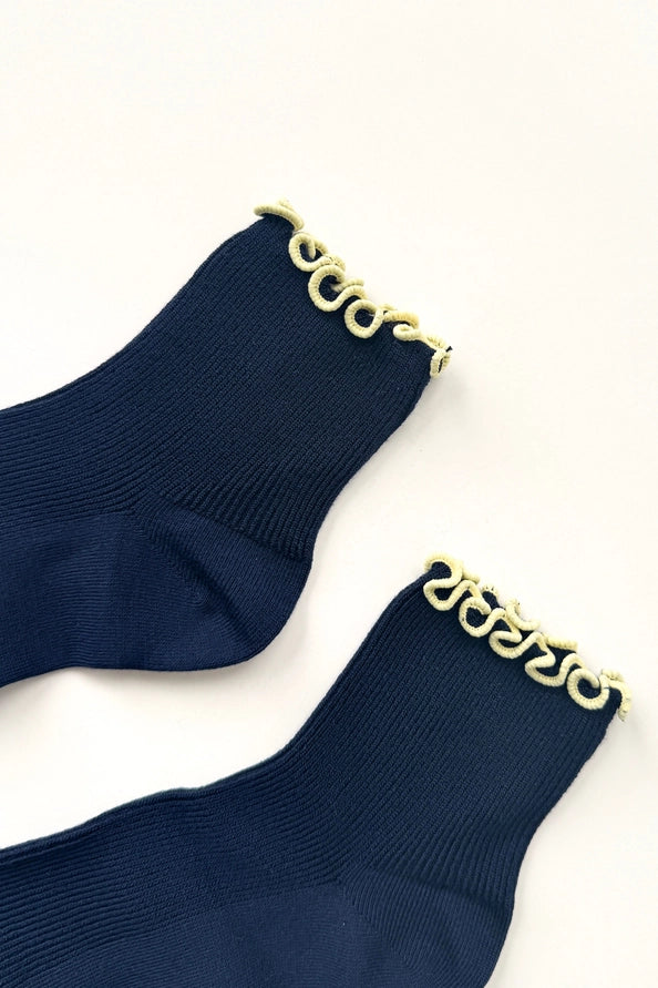 LE BON SHOPPE RUFFLED MODAL SOCKS - NAVY BLUE / BUTTER