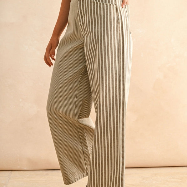 OLIVIA STRIPE FABRIC MIX PANTS - BROWN