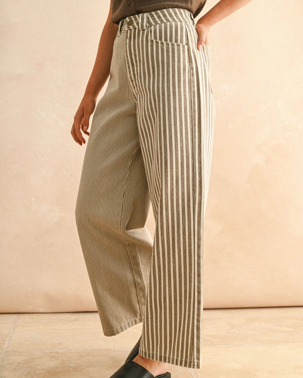 OLIVIA STRIPE FABRIC MIX PANTS - BROWN