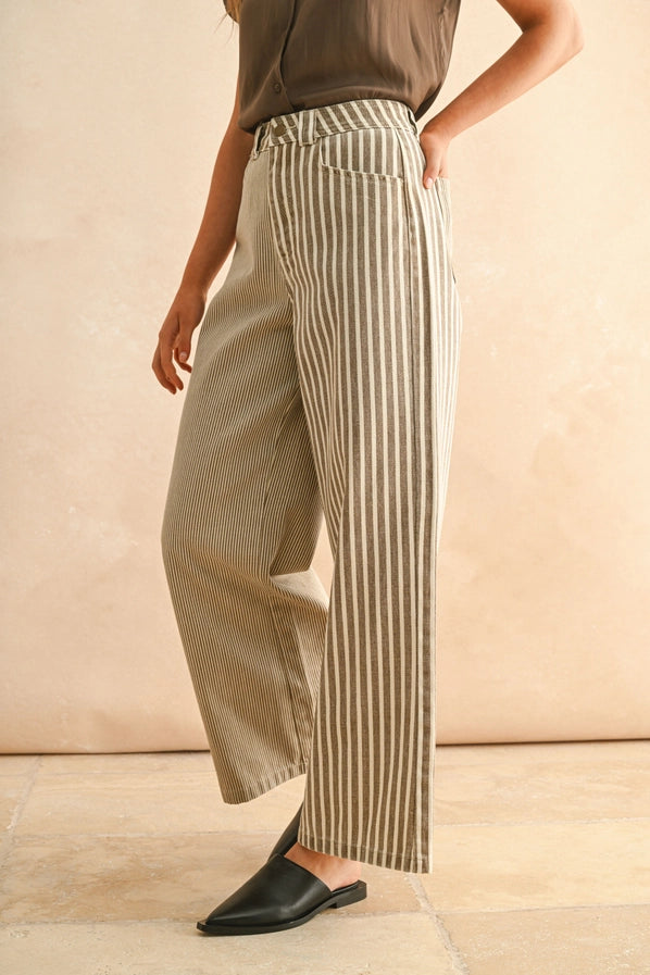 OLIVIA STRIPE FABRIC MIX PANTS - BROWN