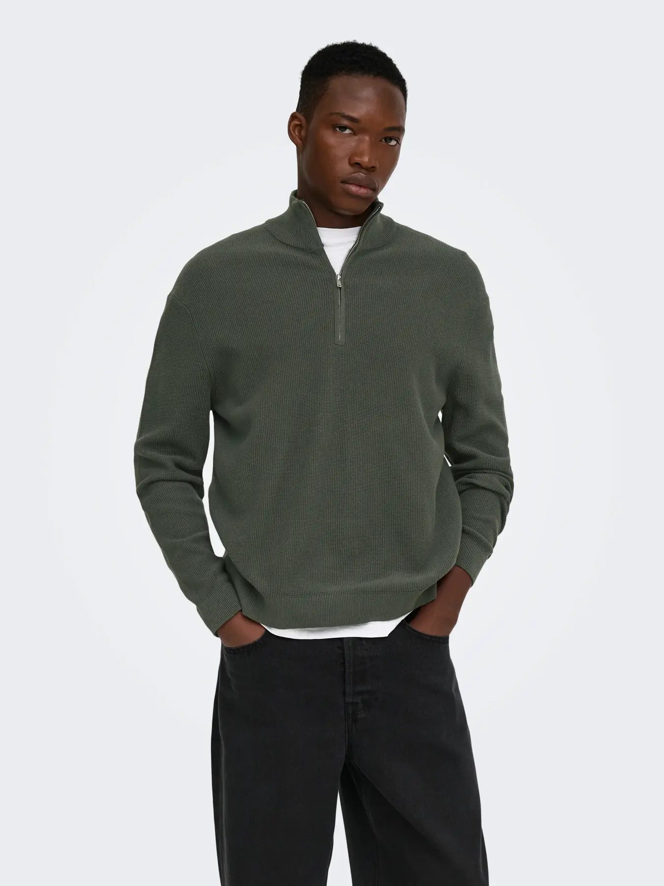 ONLY + SONS TONY REG 1/2 ZIP KNIT PULLOVER - BELUGA