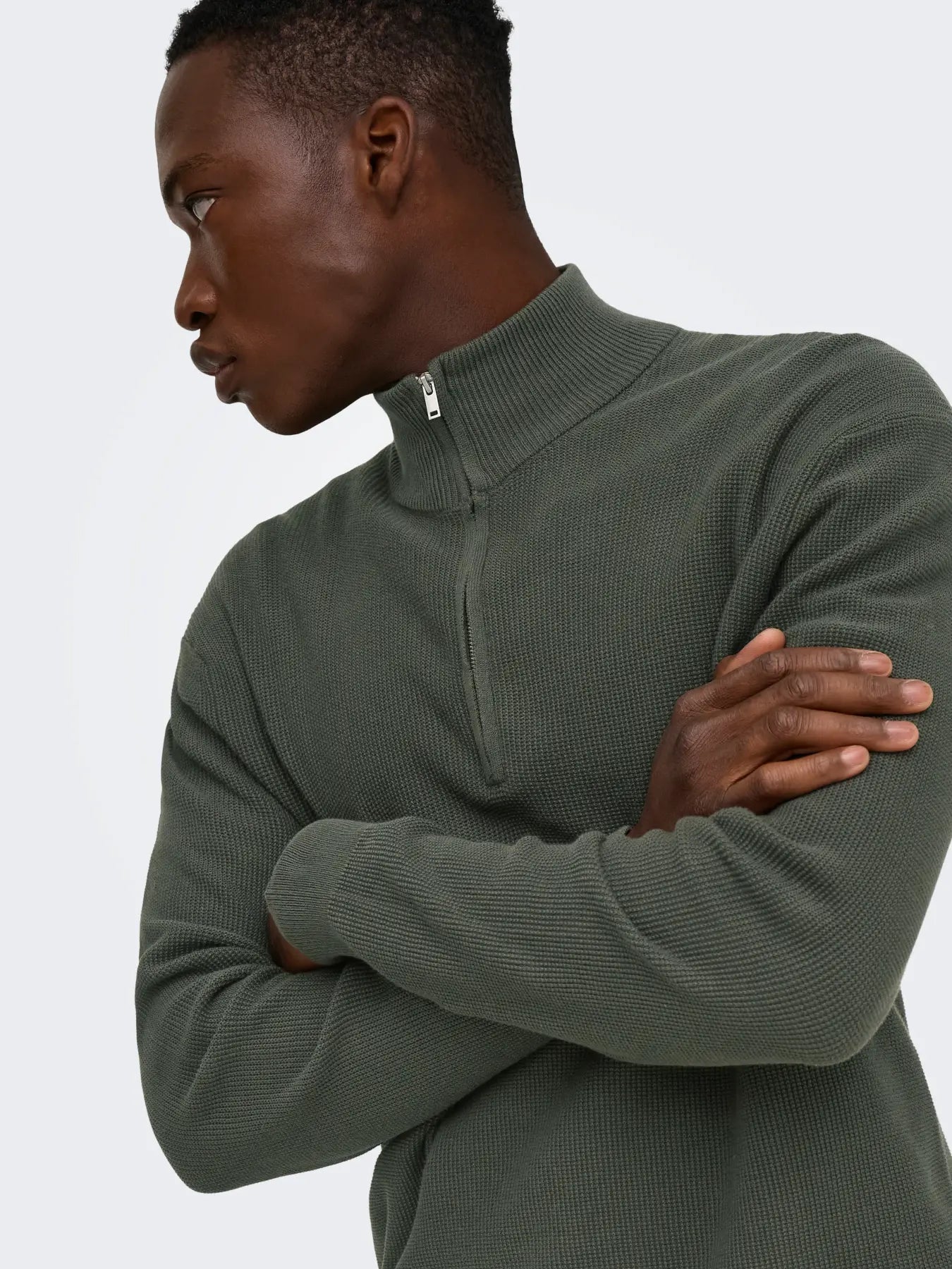ONLY + SONS TONY REG 1/2 ZIP KNIT PULLOVER - BELUGA