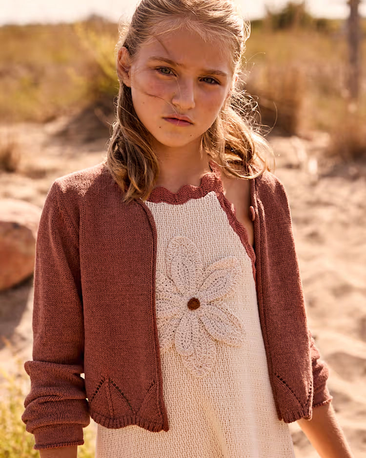 MAYORAL KNIT CARDIGAN RIBBON TIES - CLAY