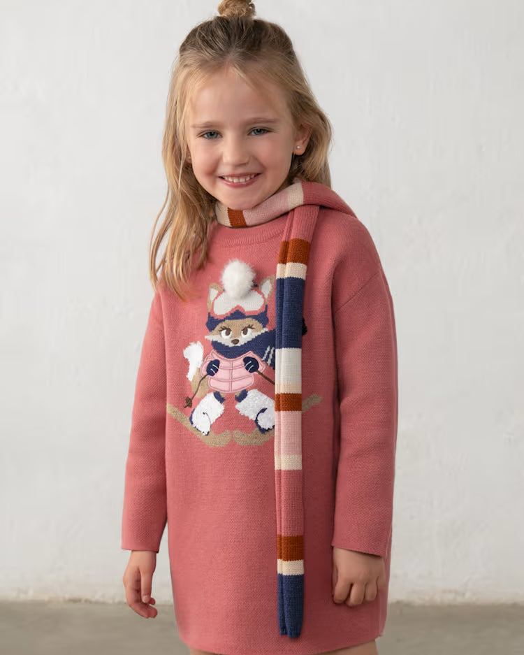 MAYORAL PRINTED KNIT DRESS WITH SCARF - PINK CORAL