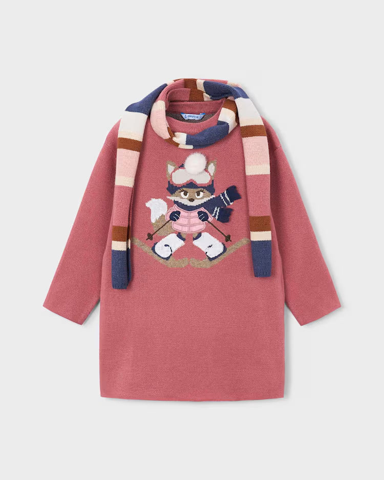 MAYORAL PRINTED KNIT DRESS WITH SCARF - PINK CORAL