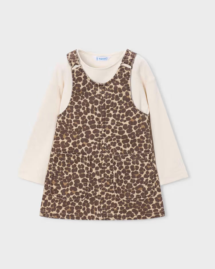 MAYORAL PRINTED DRESS WITH LS RIBBED SHIRT - CHESTNUT