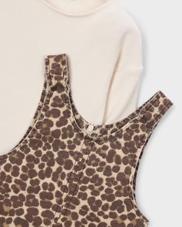 MAYORAL PRINTED DRESS WITH LS RIBBED SHIRT - CHESTNUT
